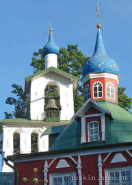 The Pskovo-Pechersky Dormition Monastery. The Dormition Cathedral and bell gable.