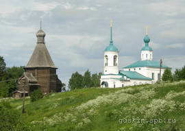 Lyavlya (Kharkovo) villiage. Wooden сhurche dedicated to St. Nicholas (1539) and сhurch of the Dormition (1804).