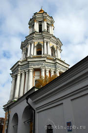 Kiev Pechersk Lavra. Great Lavra belfry (1731–1745, arch. Johann Gottfried Schädel). Total height, with the Christian cross, is 96.5 meters (316 feet).