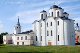 Veliky Novgorod. Saint Nicholas cathedral at Yaroslav's Court  (1113–1136) with belfry (1684–1685).
